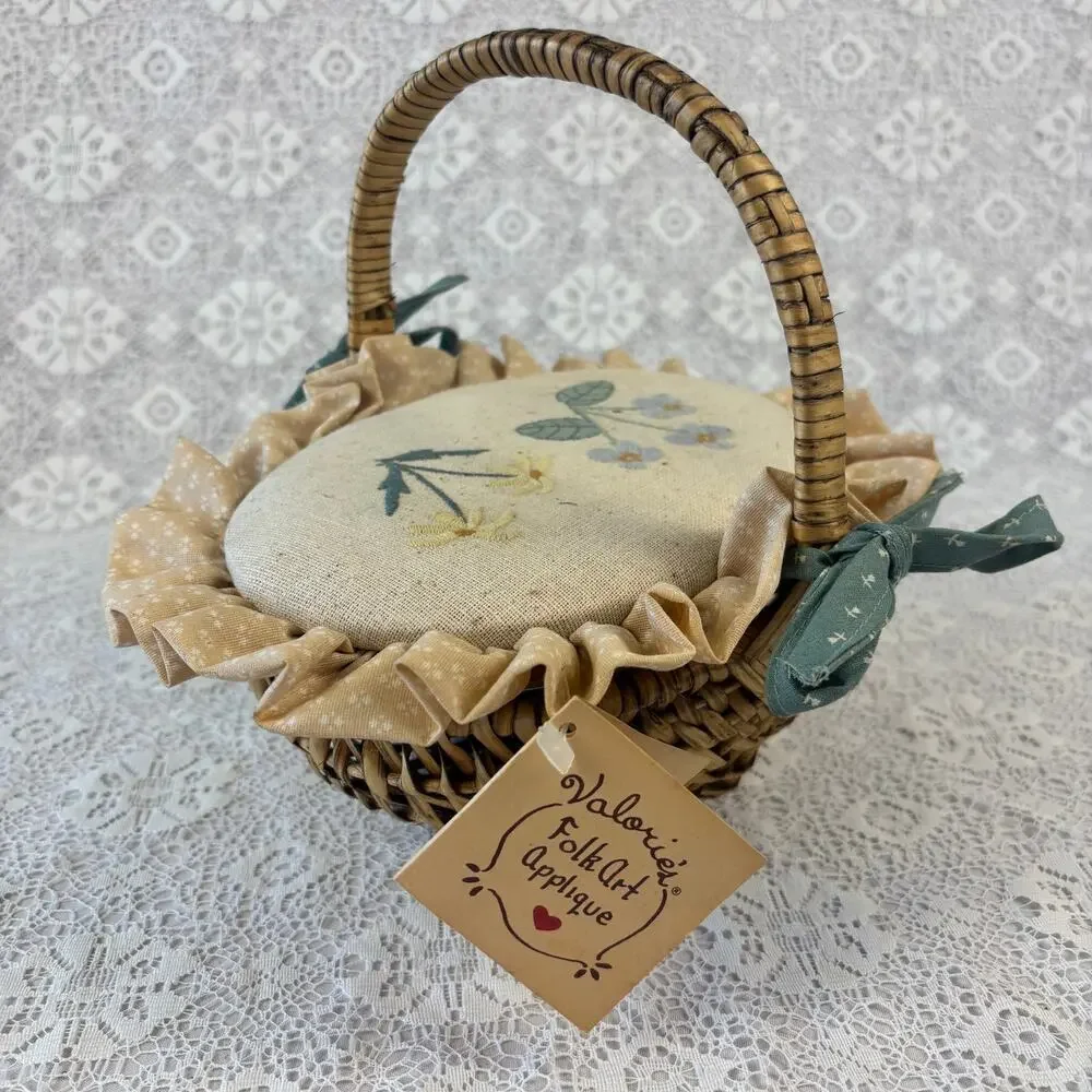 Valorie's Folk Art Appliqué Sewing Basket Wicker Basket with Pincushion Lid